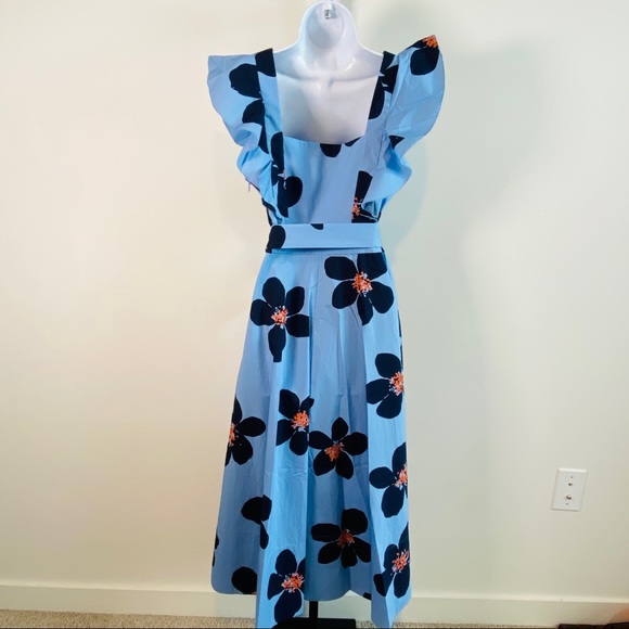 Kate Spade Tea Garden Blue & Orange Floral Print Cotton Midi Dress - Picture 8 of 13